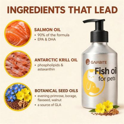Ingredients that lead: salmon oil (90% of the formula, EPA & DHA), Antarctic krill oil (phospholipids & astaxanthin), and botanical seed oils — evening primrose, borage, flaxseed, walnut, a source of GLA.