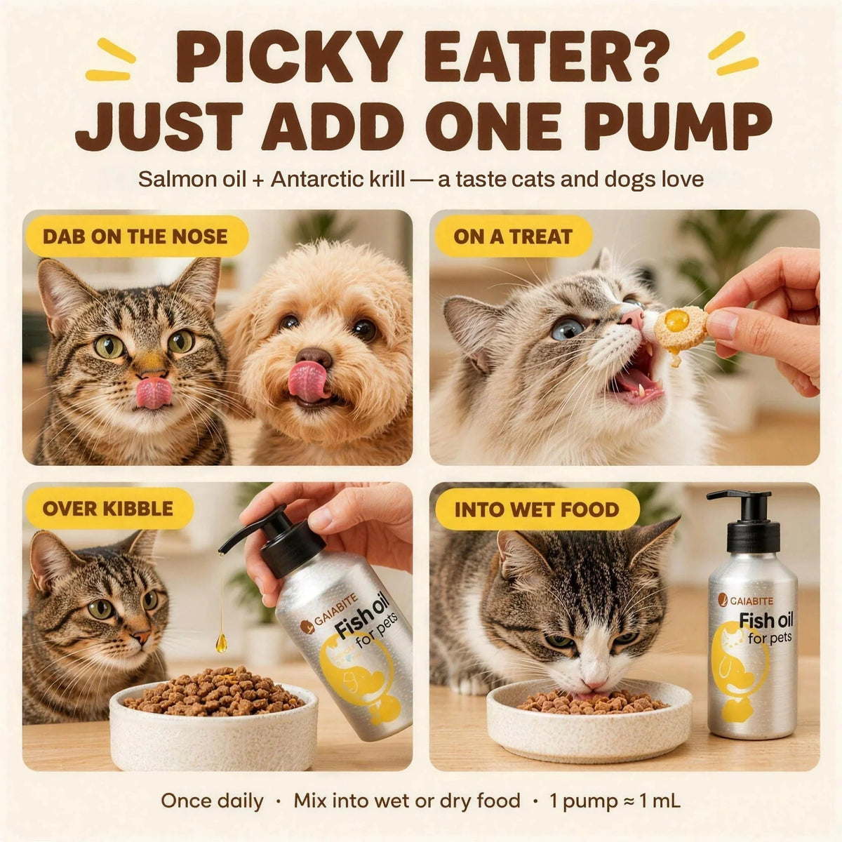 Picky eater? Just add one pump. Salmon oil + Antarctic krill — a taste cats and dogs love. Four easy ways to serve: dab on the nose, on a treat, over kibble, into wet food. Once daily, 1 pump is about 1 mL.
