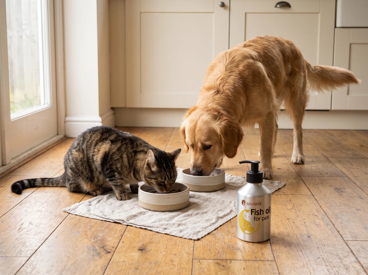 A cat and a golden retriever eating from separate bowls beside a GAIABITE bottle