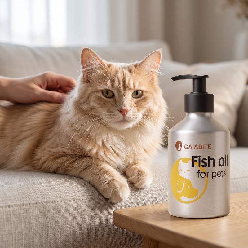A long-haired cat being stroked beside a GAIABITE fish oil bottle