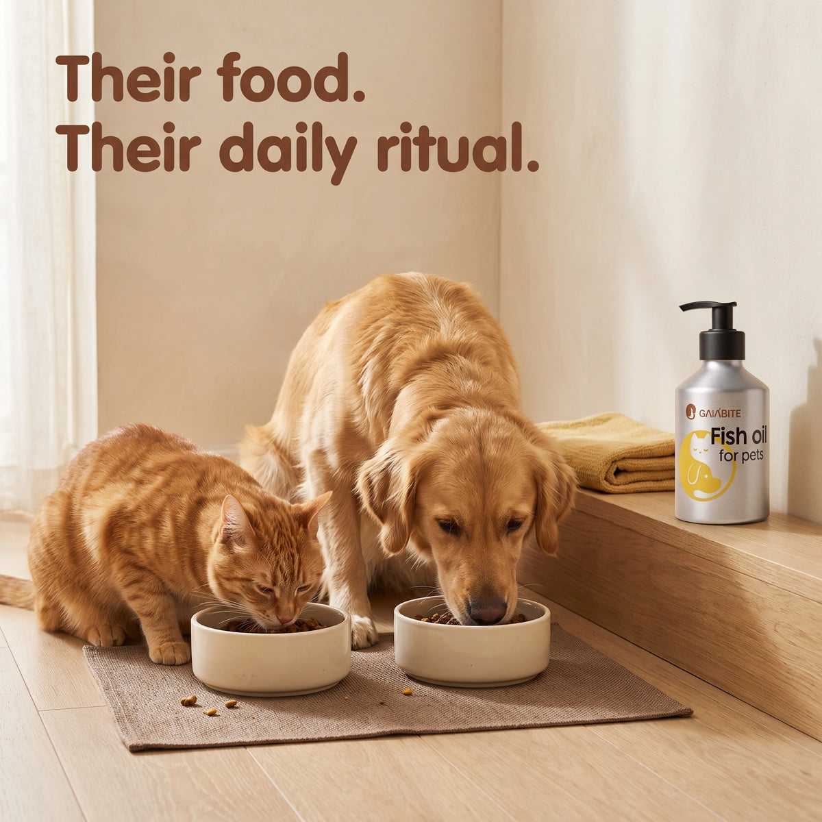A cat and a golden retriever eating from separate bowls beside a GAIABITE bottle; Their food. Their daily ritual.