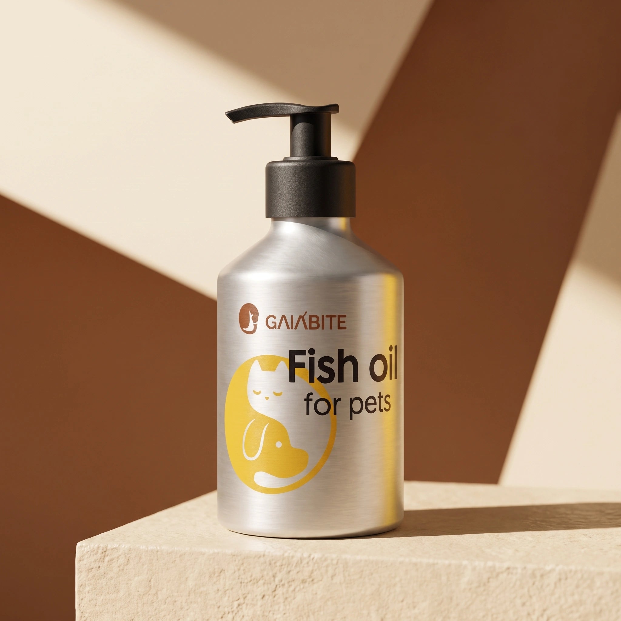 GAIABITE opaque aluminum fish oil bottle with a short black pump