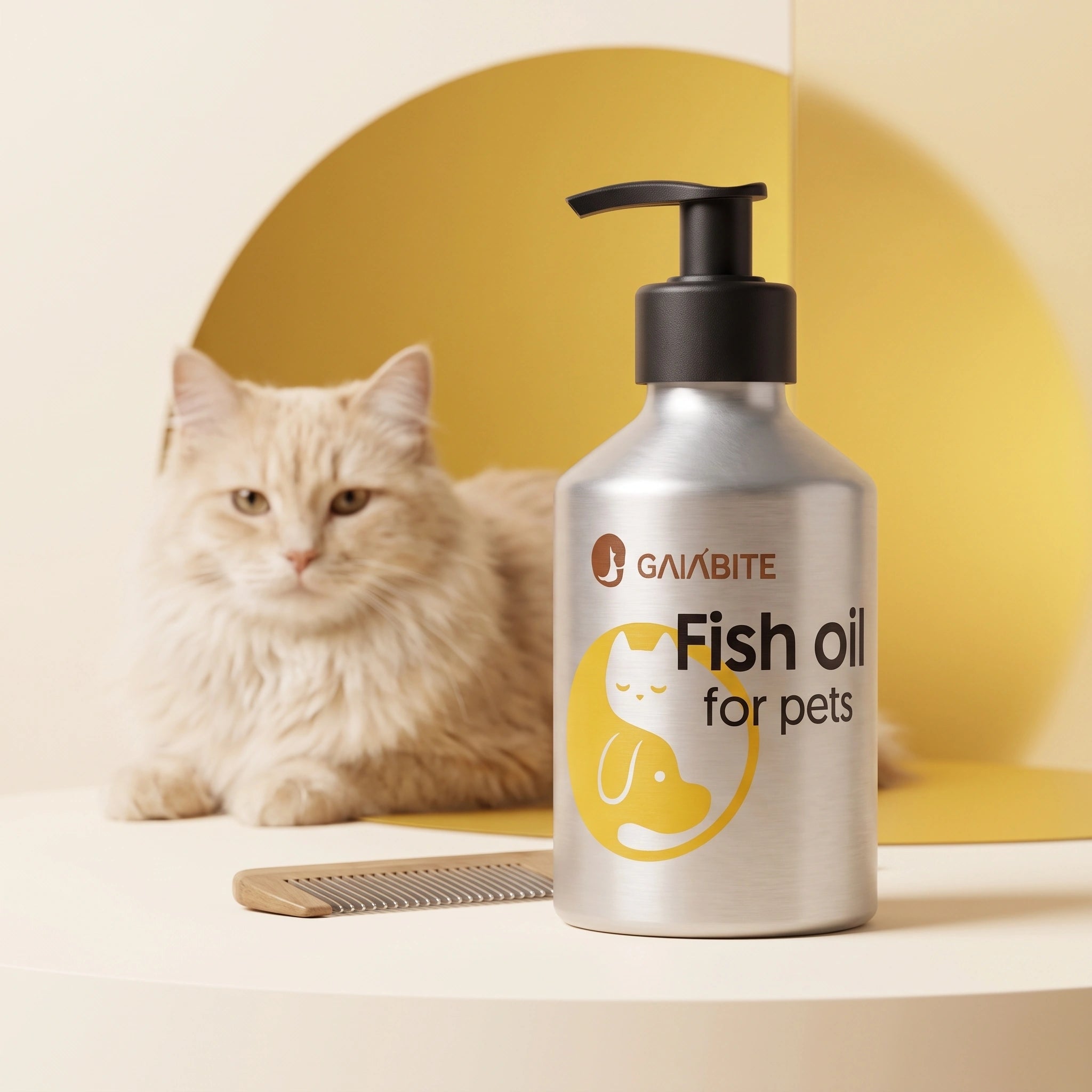 GAIABITE fish oil bottle beside a long-haired cream cat and a wooden grooming comb
