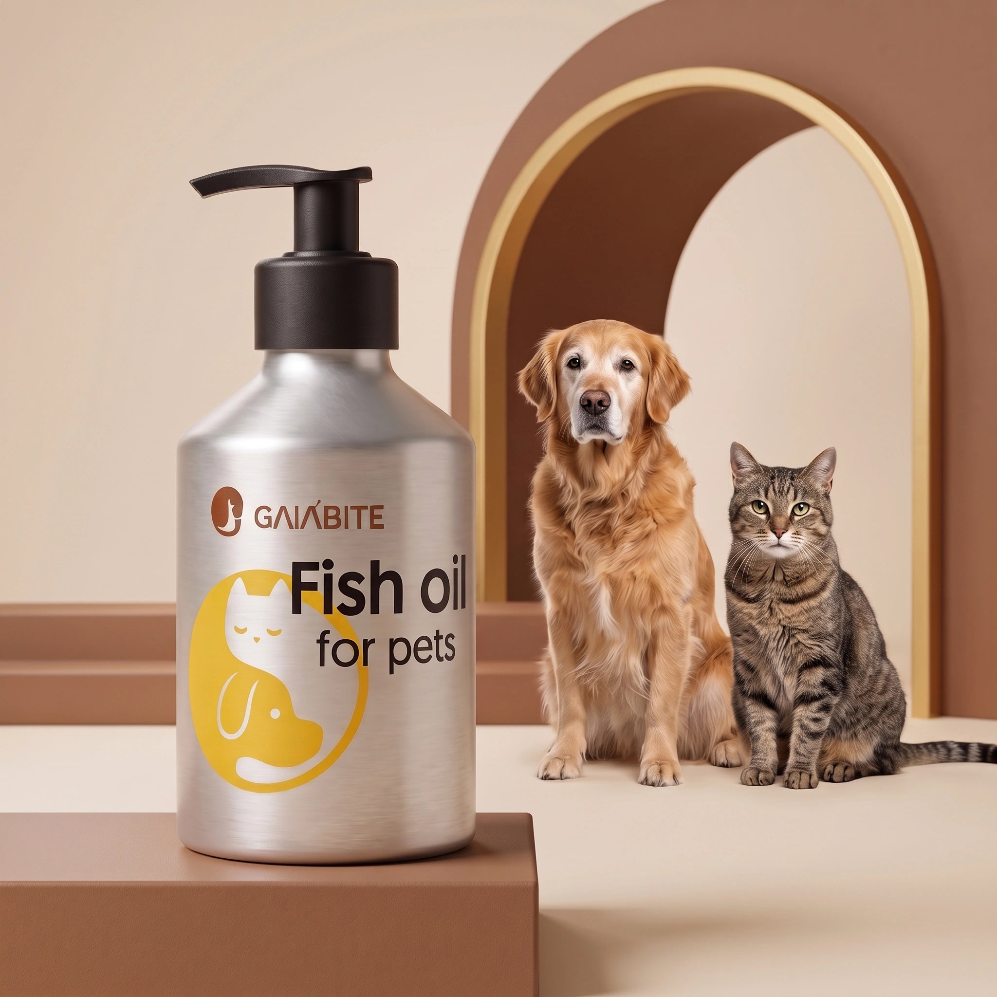 GAIABITE fish oil bottle with a senior golden retriever and tabby cat on a warm studio set