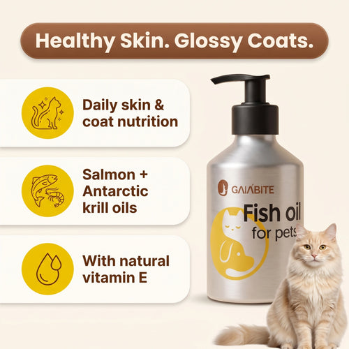 Healthy skin and glossy coats: daily skin and coat nutrition, salmon plus Antarctic krill oils, with natural vitamin E. GAIABITE bottle and cream cat.