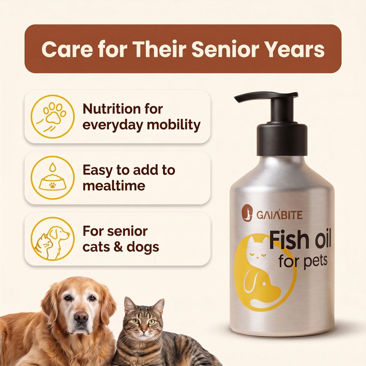 Care for their senior years: nutrition for everyday mobility, easy to add to mealtime, for senior cats and dogs. GAIABITE aluminum bottle with senior dog and cat.
