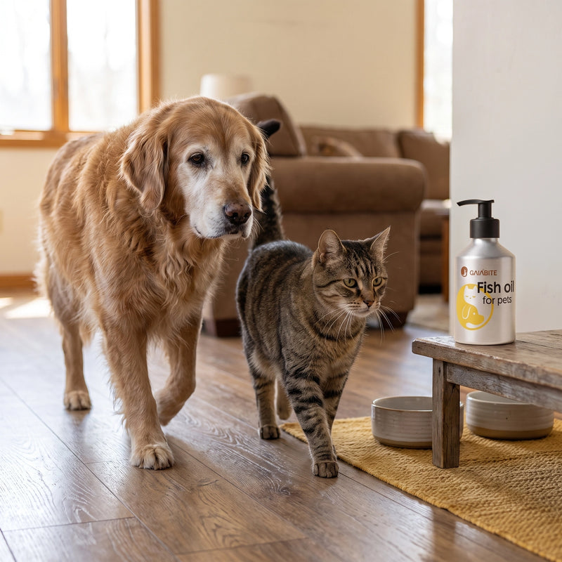 An older golden retriever and a tabby cat walking toward their bowls beside a GAIABITE bottle
