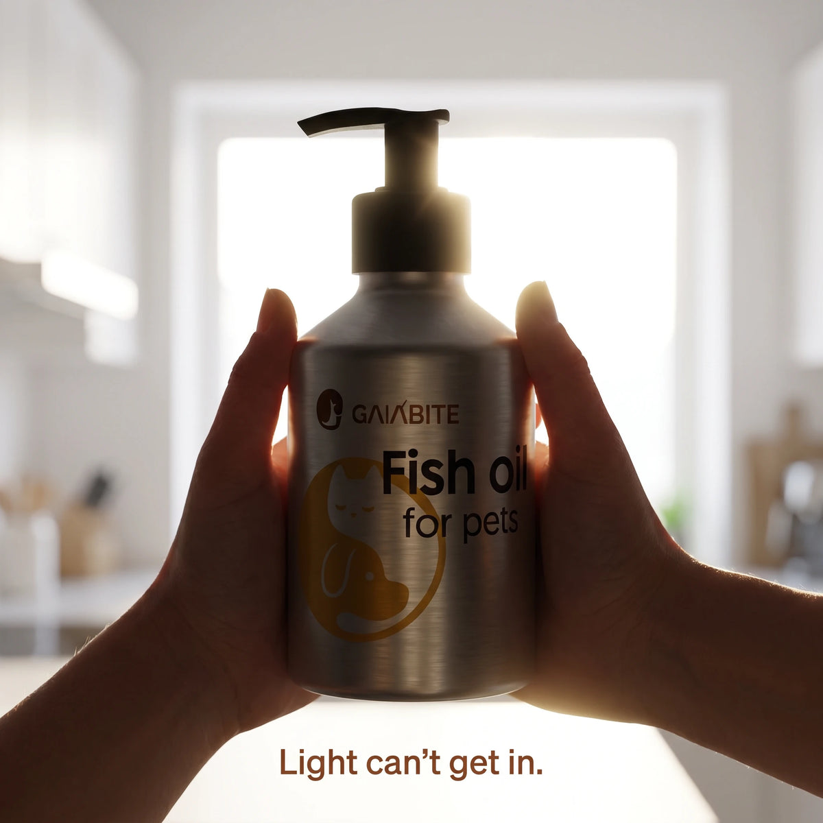 Opaque aluminum bottle held against a bright window — light can't get in.