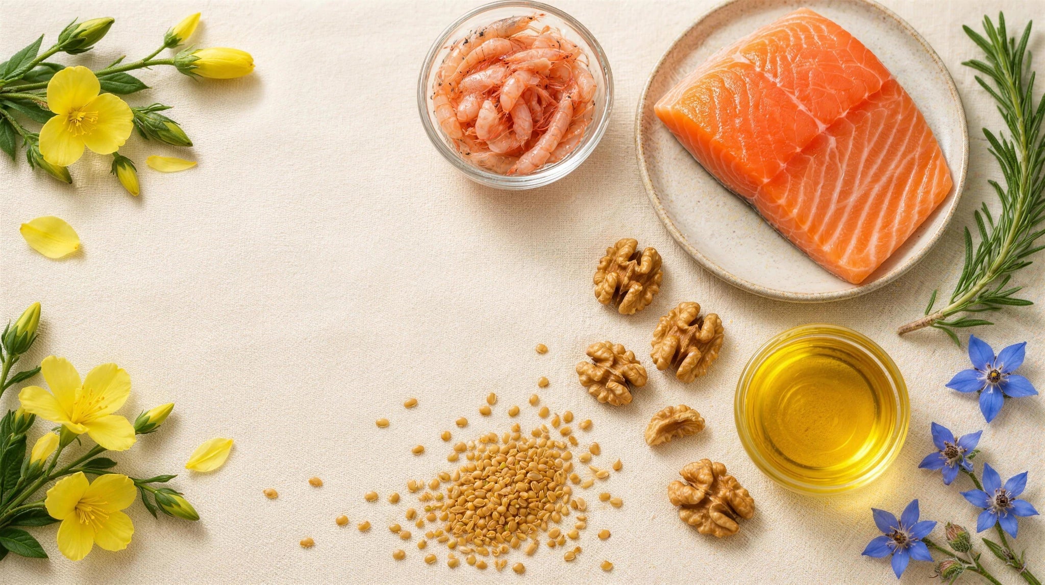 Fresh ingredients: salmon, Antarctic krill, walnuts, flaxseed, evening primrose and borage flowers, rosemary and golden oil