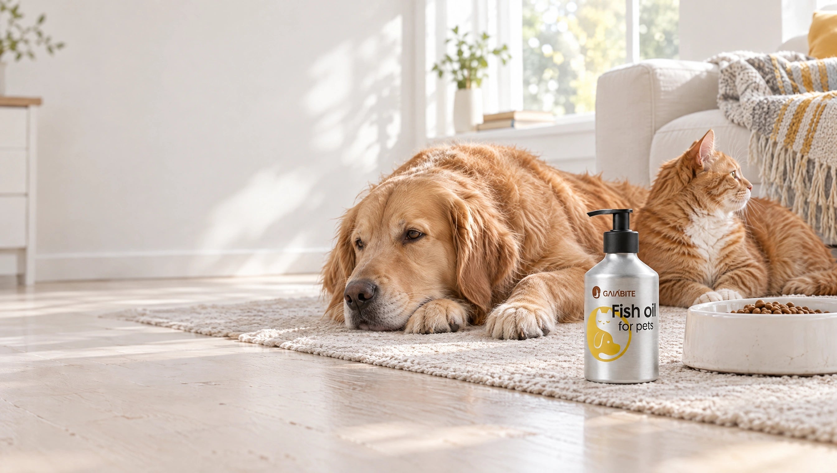 An orange cat and golden retriever resting at home beside a GAIABITE fish oil bottle